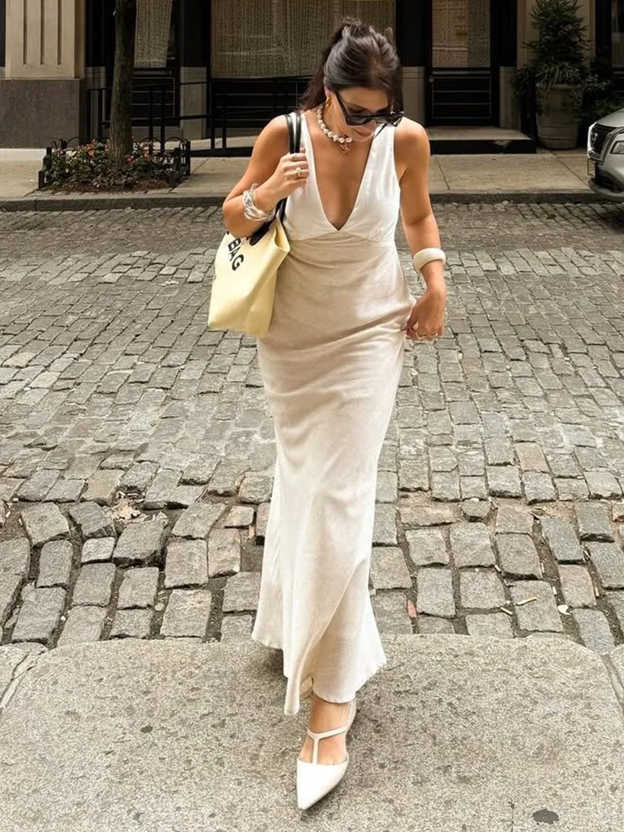 Bornladies-vestido camisola con cuello en V para mujer, vestido elegante ajustado con cintura trasera y cordones, sin mangas, novedad de verano 2026