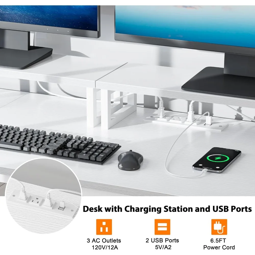White Computer Desk with Drawer and Power Outlets, 47" Office Desk with 2 Monitor Stands and Fabric File Cabinet