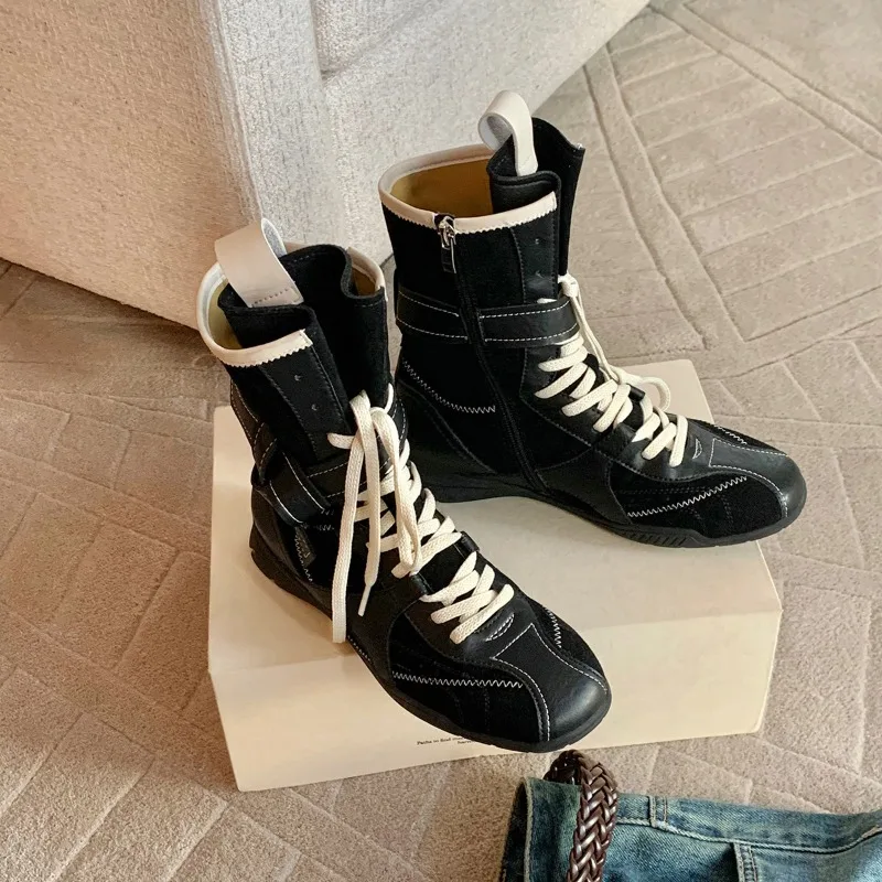 

New Retro Women's Shoes Luxury Genuine Leather Ankle Boots for Woman Fashion High Top Boxing Sneakers Designer Shoes Botas Mujer