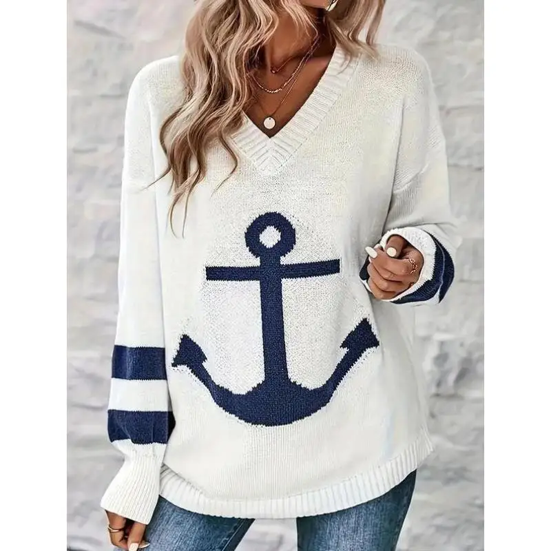 

Мужской вязаный свитер, женский цветной трикотаж с принтом Blo Anchor, воротник, девять свечей, длина, деформируемый, легкий уход, Coolmax F...