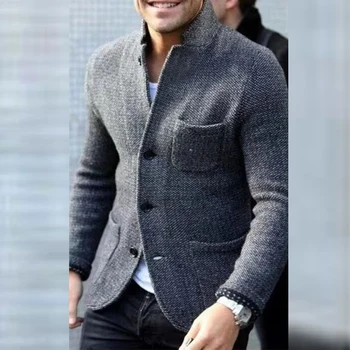 Vintage uzun kollu standı yaka erkek ceket kış rahat düz renk tek göğüslü ceket Mens moda Slim Fit kalınlaşmış mont