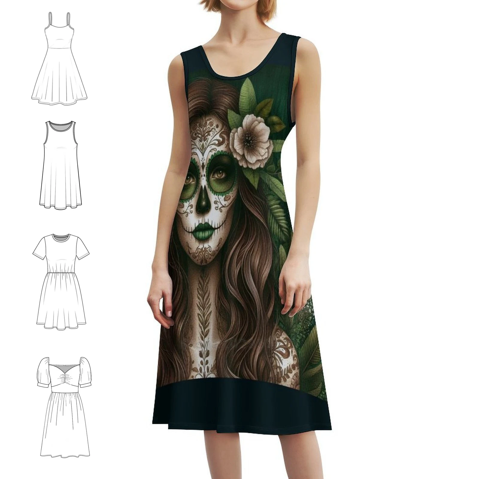 

Day Of The Dead Sugar Skull Art In Wild Green Bohemian Sleeveless Dress For Women Print Beach Party Dresses Day Of The Dead