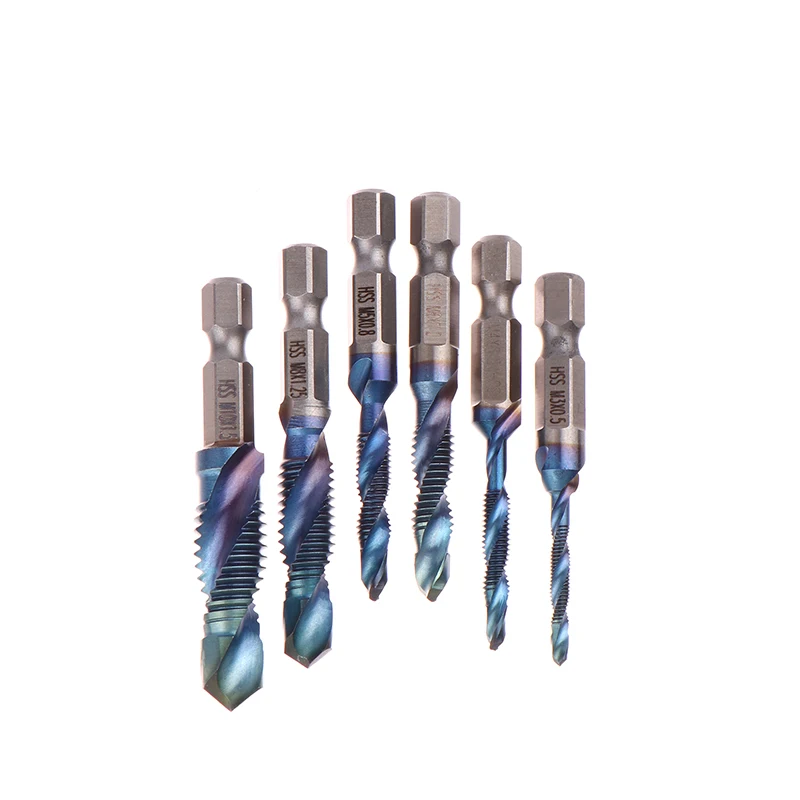 Set di 6 utensili per smussatura fori con gambo esagonale blu corto per foratura e maschiatura del rubinetto integrato