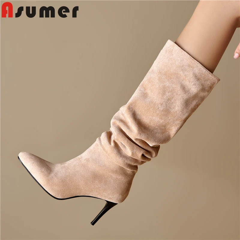 

ASUMER 2024 New Faux Suede Women Boots Stiletto High Heels Knee High Boots Fashion Autumn Winter Ladies Party Daily Shoes