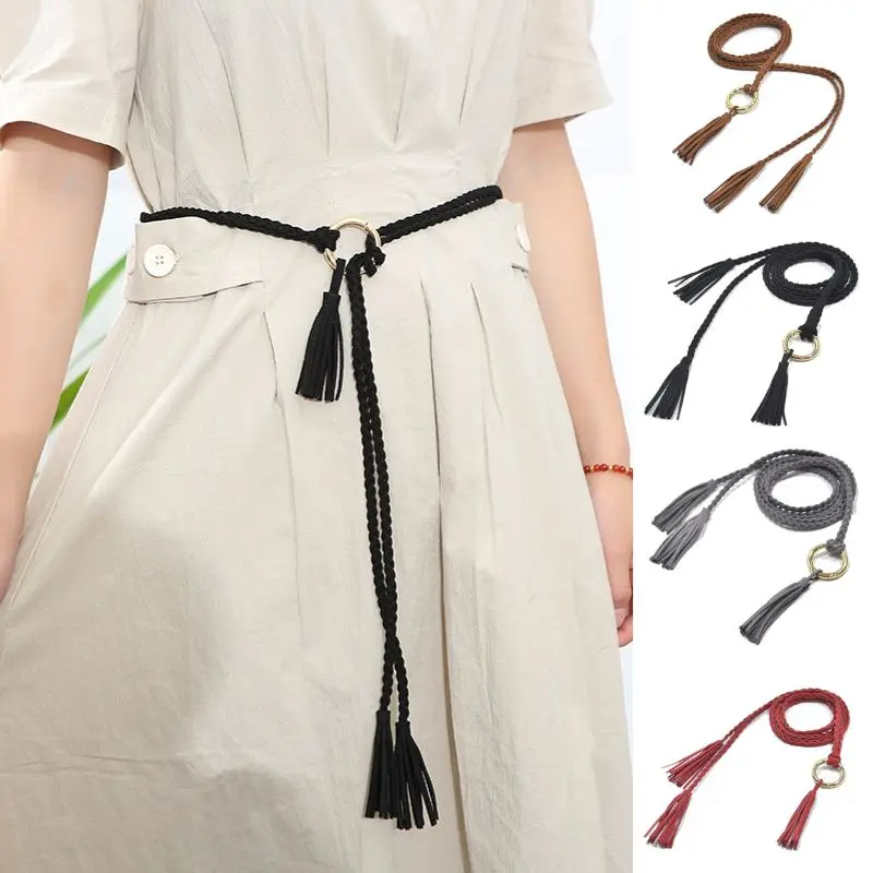 

Double Head Braided Tassels Belt PU Woven Waist Belt Bohemia Style Female Dress Coat Thin Waist Rope New Decoration Waistbands