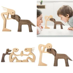 Desktop Family Puppy Wood Dog Craft Figurine Table Ornament Carving Model Home Office Decoration Pet Sculpture Christmas Gift