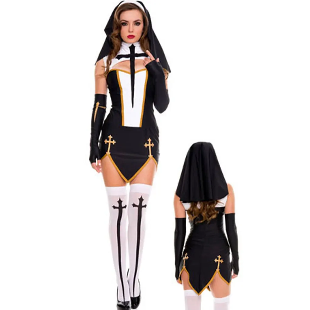 Fácil de usar Disfraz de monja de Halloween para mujer Materiales de poliéster sexy Conjunto de disfraz de monja de Halloween blanco M