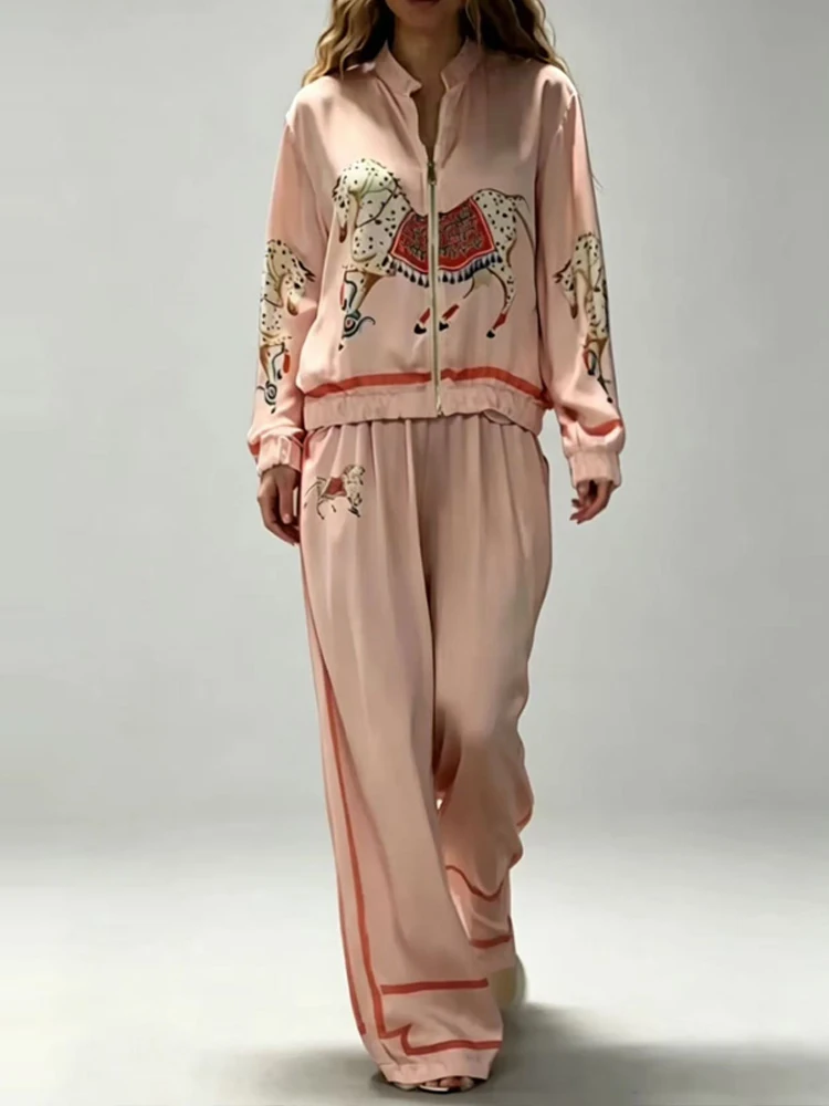 Vintage Pattern Printed Loose Sports Suit 2026 Casual Women's Two Piece Set New Autumn O Neck Long Sleeved Coat and Pants Outfit