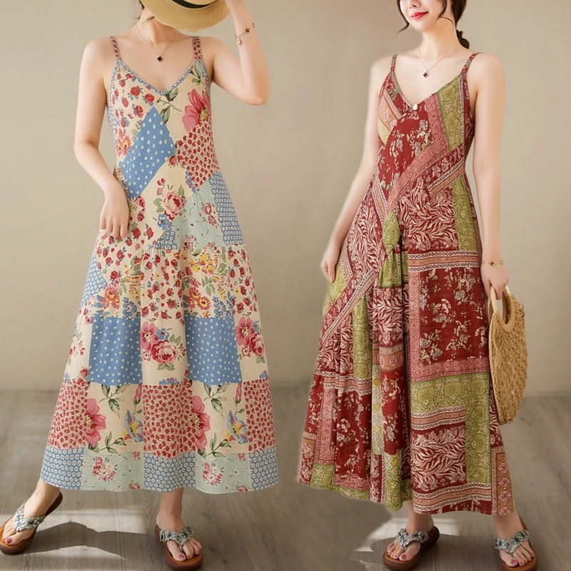 

Bohemian V-neck Long Cotton Linen Dress Women's Wrap Waist Gown Citywalk High Waist A-line Skirt Breathable Summer Dress