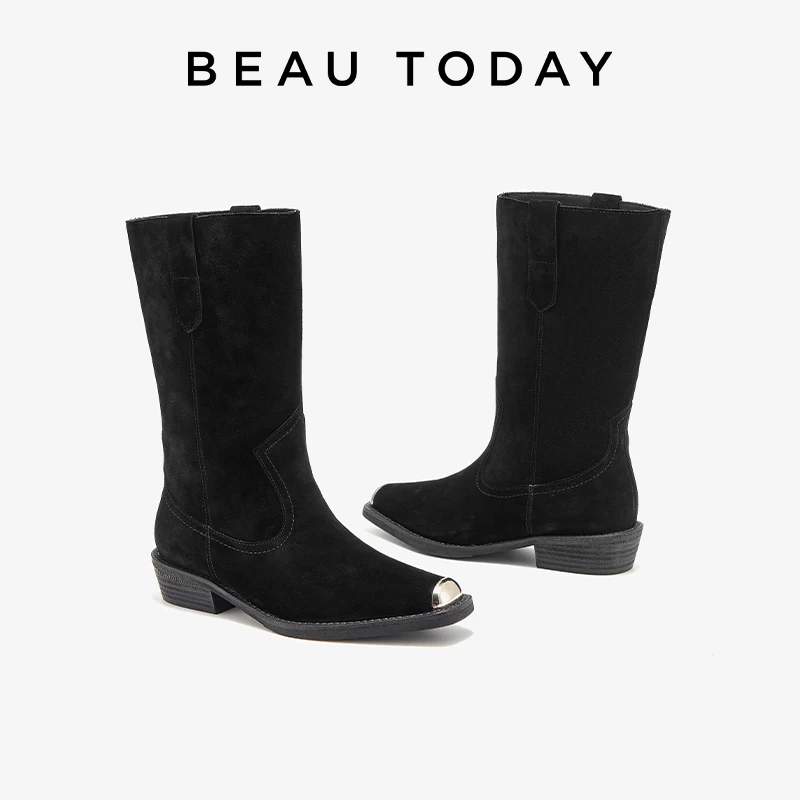BEAUTODAY Mid-Calf Boots Women Cow Suede Leather Square Toe Metal Decoration Western Boots Slip-on Ladies Shoes Handmade 06128