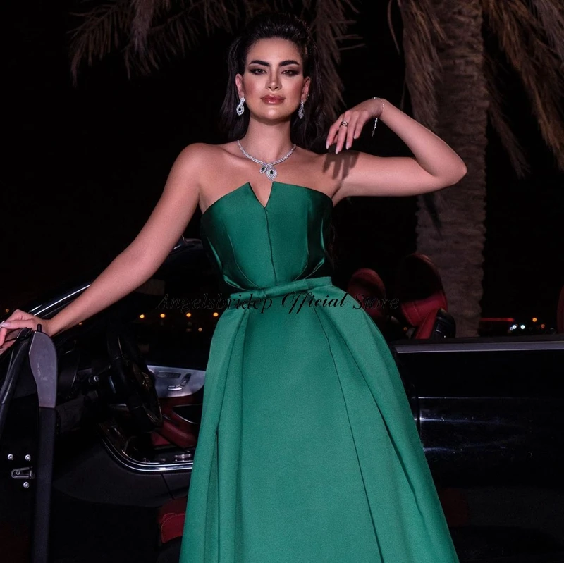 Angelsbridep-Robe de soirée en satin vert, ligne A, sans bretelles, avec ceinture à col en V, longue, vêtement de gala éducatif