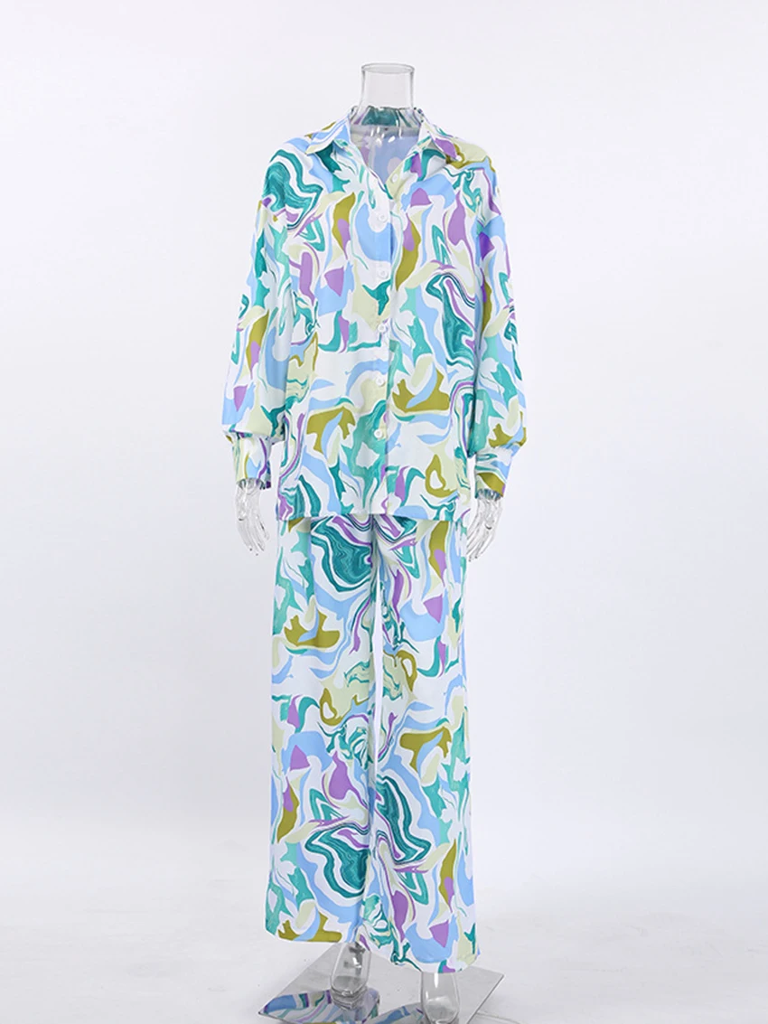 Marthaqiqi Casual Printing Women'S Pajamas Sets Long Sleeve Sleepwear Sexy Turn-Down Collar Nightie Wide Leg Pants Pijama Suits