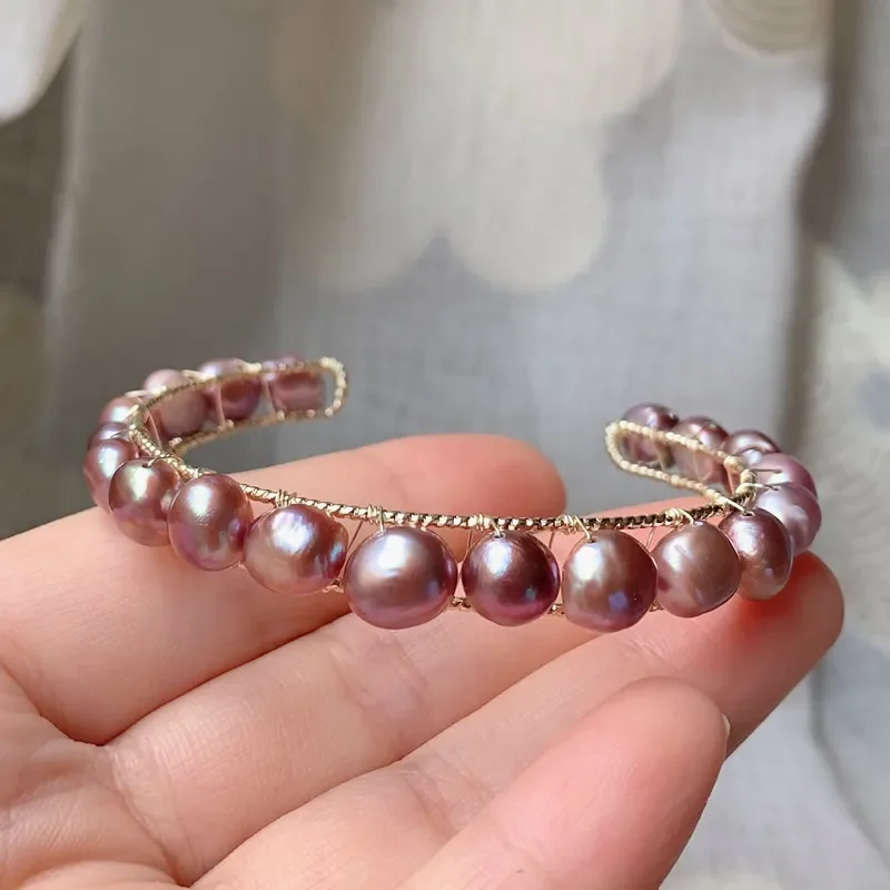 8-9mm Irregular Nuggets Shiny Purple Baroque Pearl Bracelet for Women Open Cuff Bangle Elegant Natural Freshwater Pearl Bracelet
