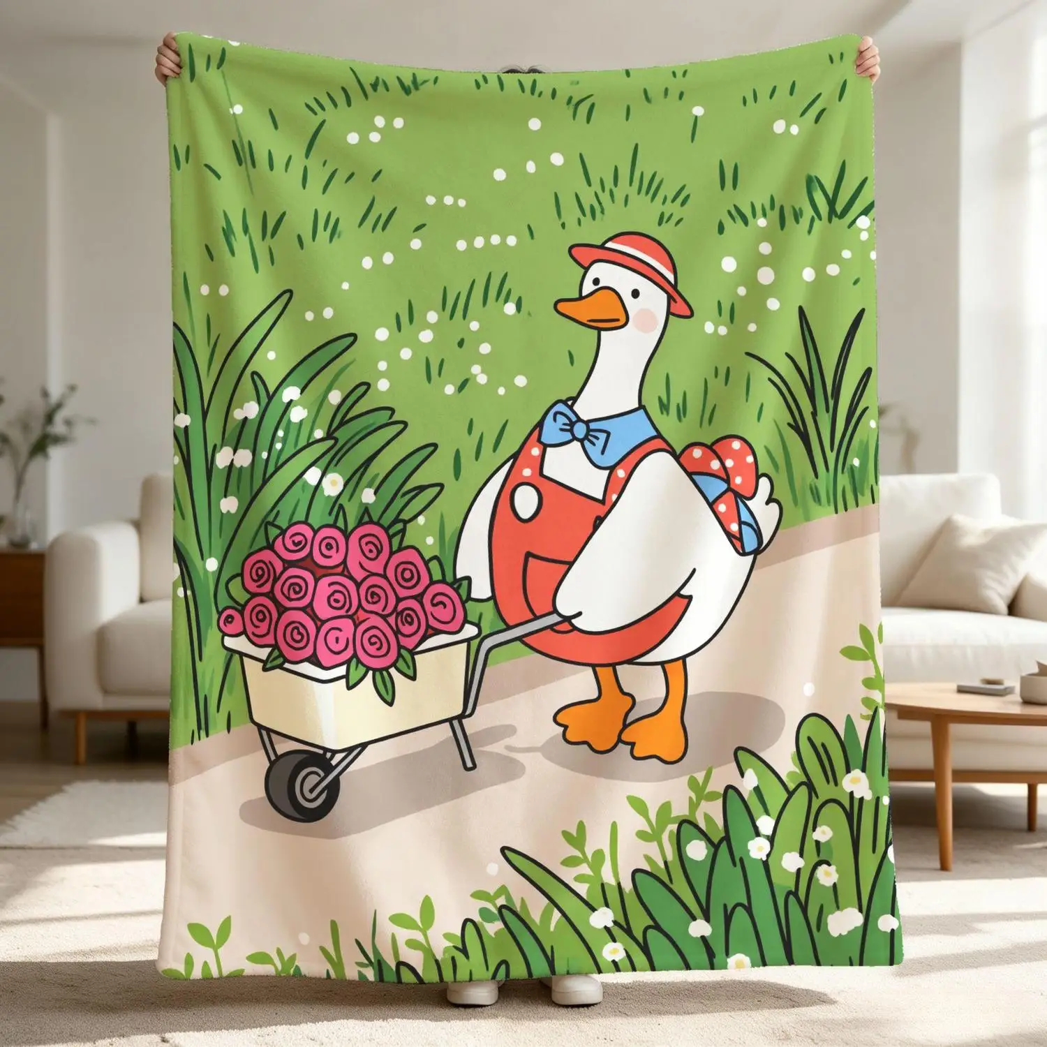 [Flannel Blanket] Farm Duckling Blanket, Cute Floral Cart Pattern Blanket, Cozy Country Style Decor, Gift for Animal Lovers