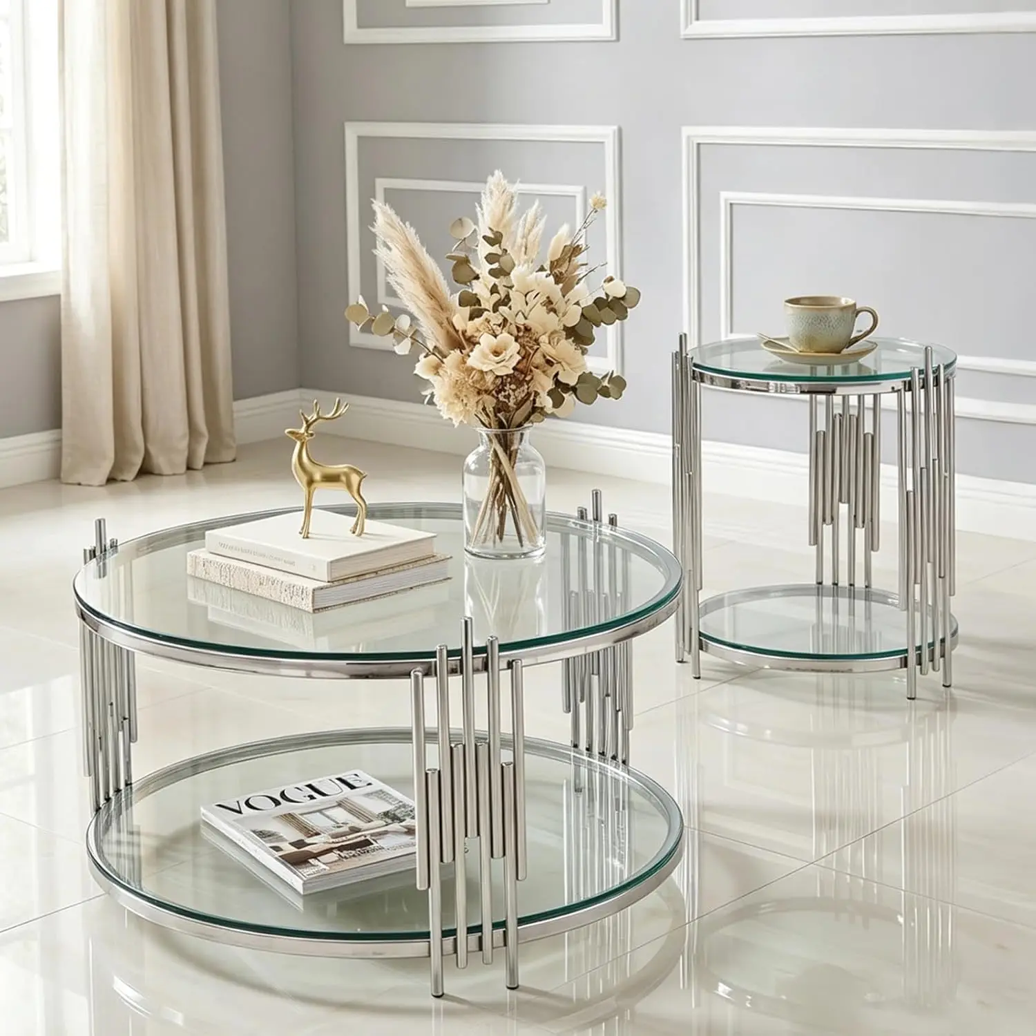 Glass Coffee Table Set of 2 with Clear Top & Lower Shelf for Living Room Apartment, Customized