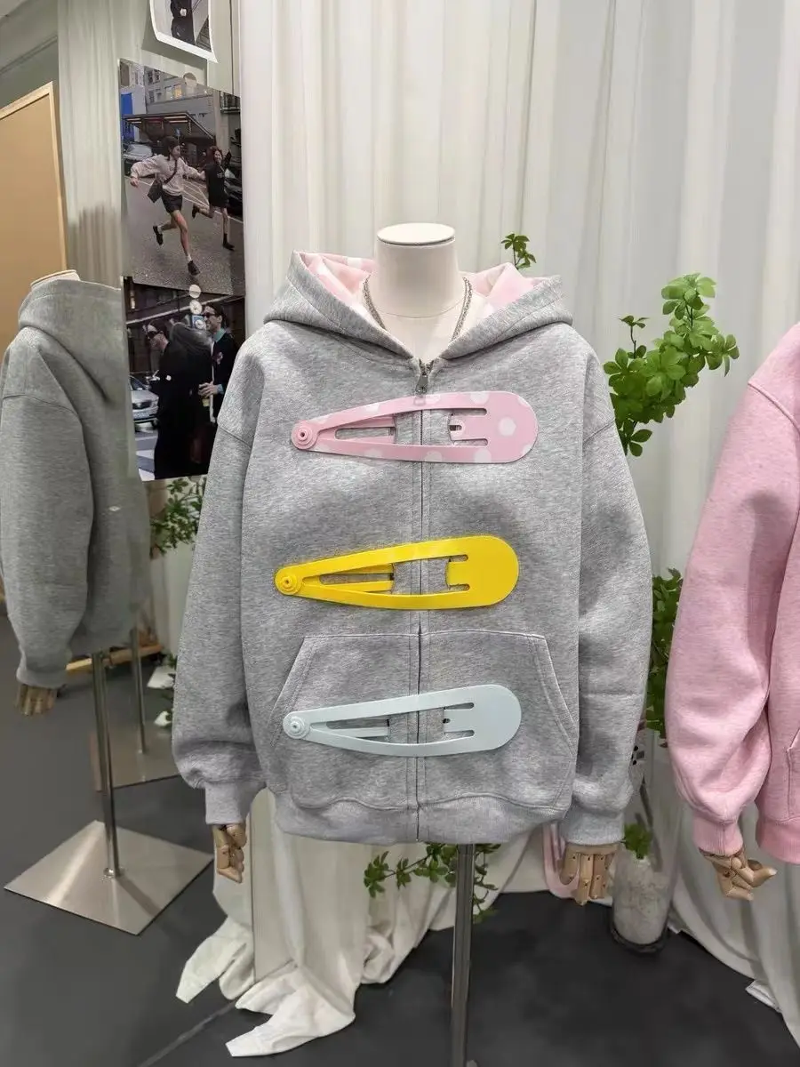 Harajuku Big Clip Designed Hoodies Sweetheart Hairpin Cardigan Coat Zip Up Hoodie Grunge Sweatshirt Goth Y2k Clothes