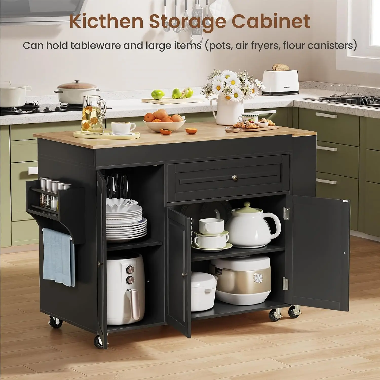 Expandable Kitchen Island with Storage Drawer & Wheels, Black, Customized