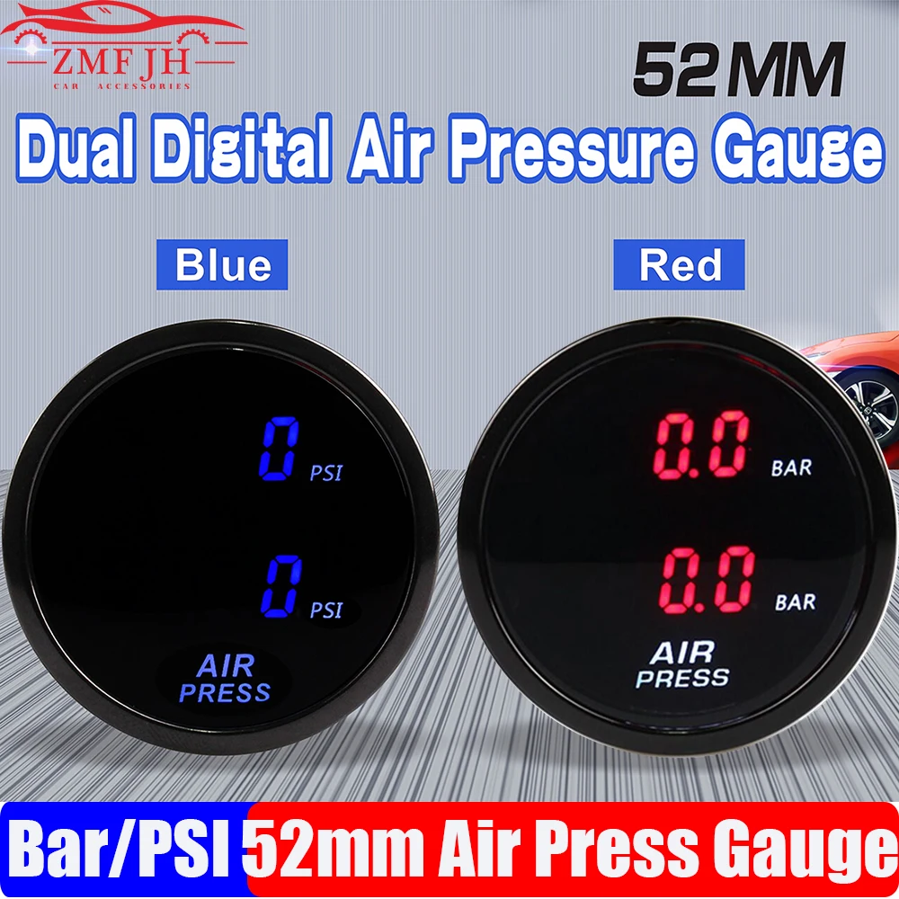 

Smoke Lens 2" 52mm Digital Dual Air Pressure Gauge BLUE LED PSI BAR Air Suspension Air Ride with 2PCS Electrical Sensors Car 12V