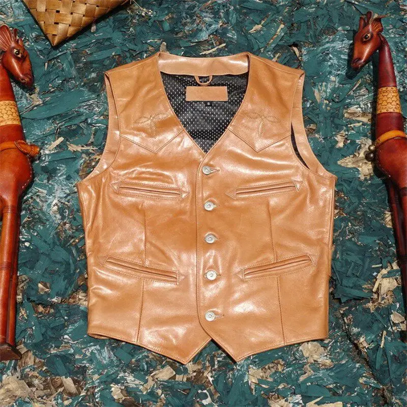 American Vintage Workwear Vest Light Tobacco Oil-Wax Cowhide Genuine Leather Vest Unisex Sleeveless Waistcoat Style