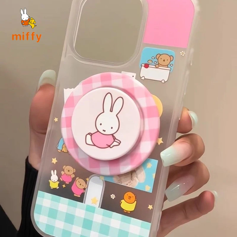

Checkered Miffy Phone Shell Suitable for Iphone 16 15 14 13 Kawaii Anti Drop Phone Case Cartoon Pink Magnetic Stand Perfect Gift