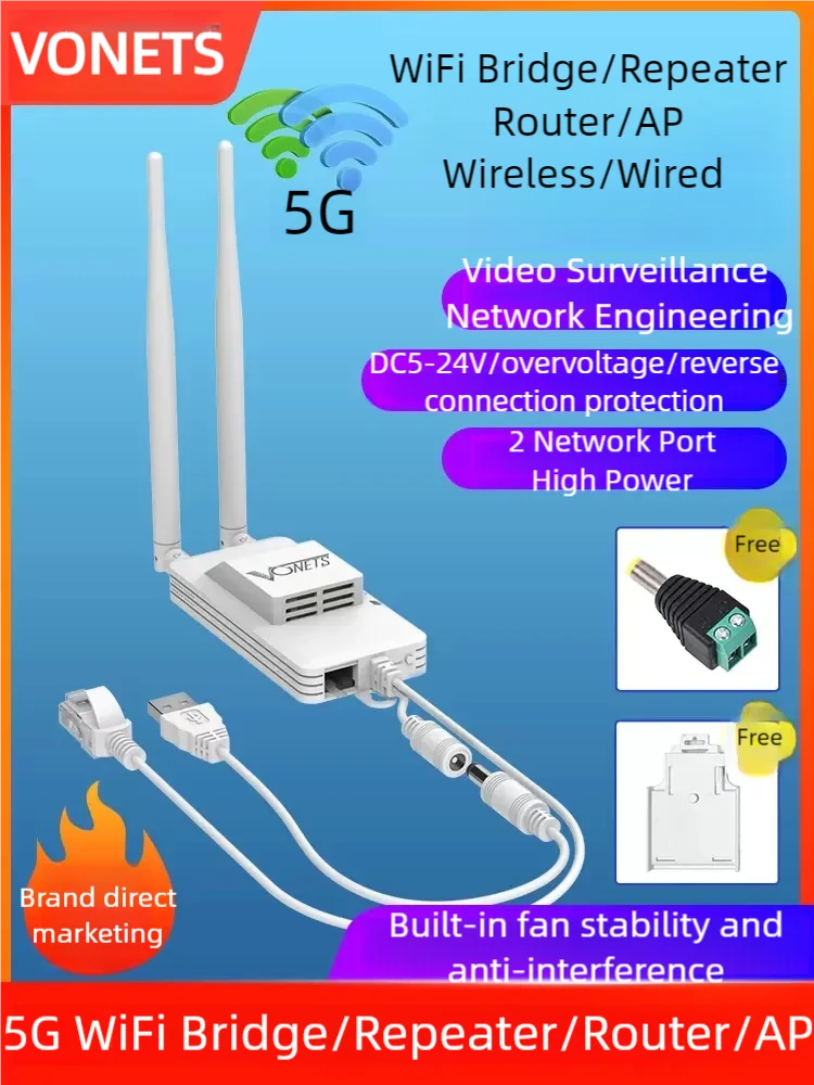 VONETS 5GHz WiFi Router/Bridge/Repeater WiFi to Ethernet Adapter WiFi to RJ45 Convert for IP Camera Monitor Medical Devices -fan