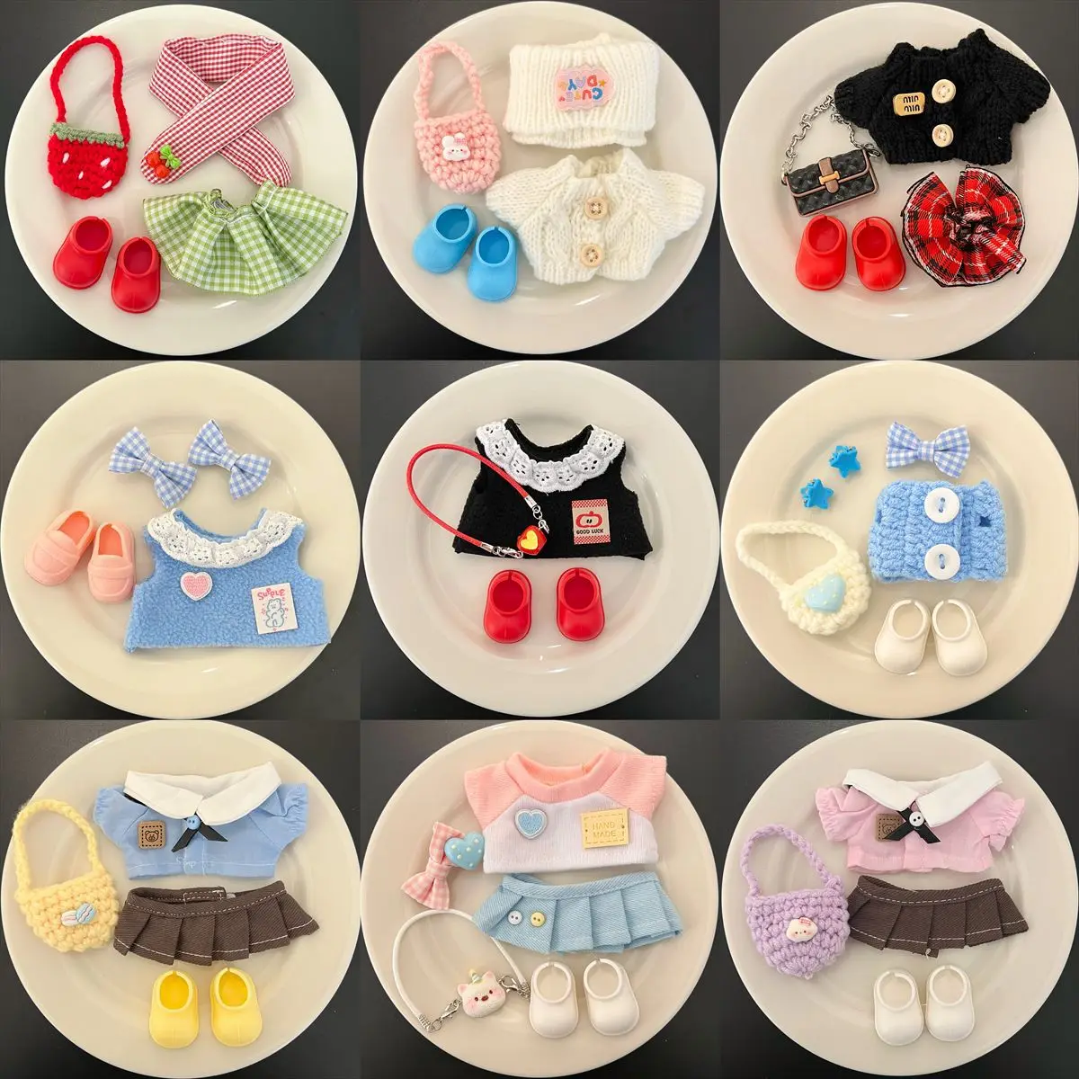 Doll Outfit Set Plaid Skirt Knitted Mini Bag Shoes, 10-12cm Doll Clothes Accessories, Handmade Doll Dress Up Costume