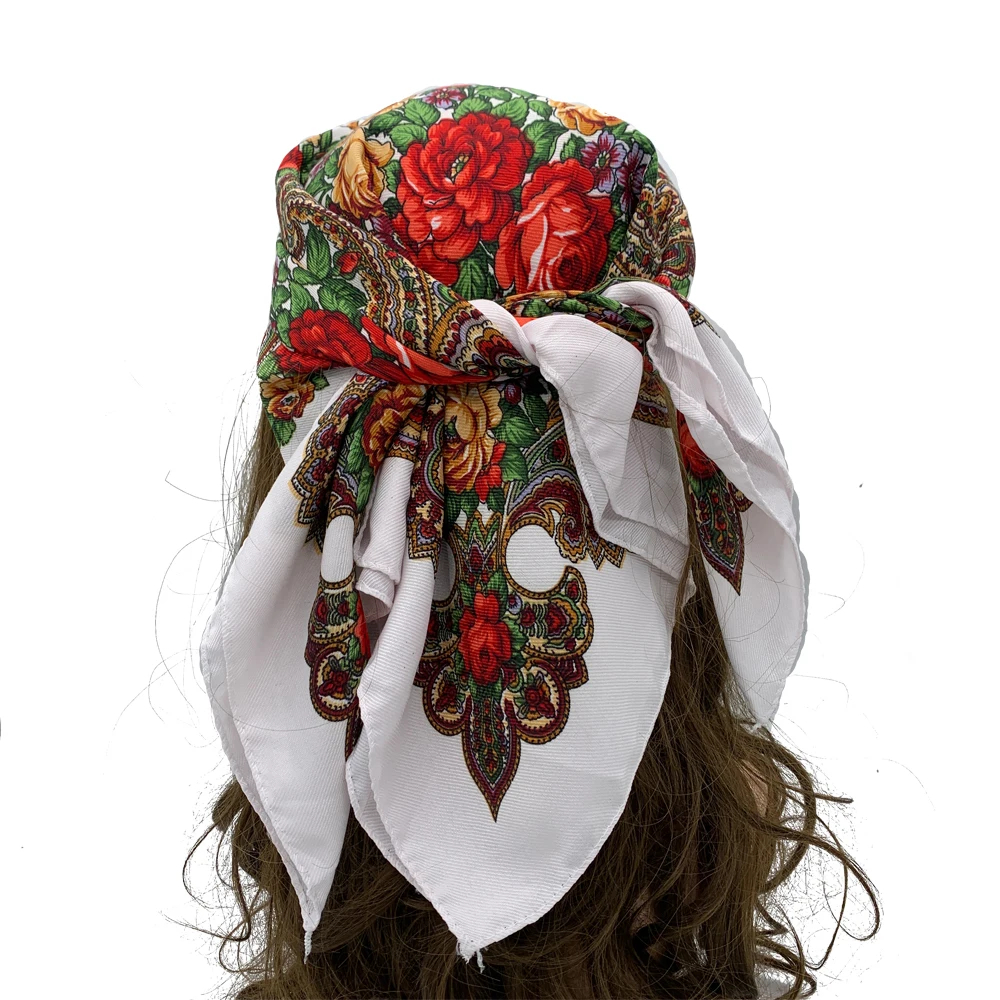 

70*70cm Luxury Floral Print Square Bandana Headband Scarf Female Head Wraps Ruasian Ukrainian Babushka Handkerchief Scarves