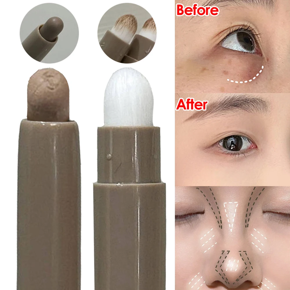 Facial Bronzer Contouring Pen with Brush Double-ended Lasting Natural Grey Brown 3D Matte Nose Shadow Contour Stick Cosmetics