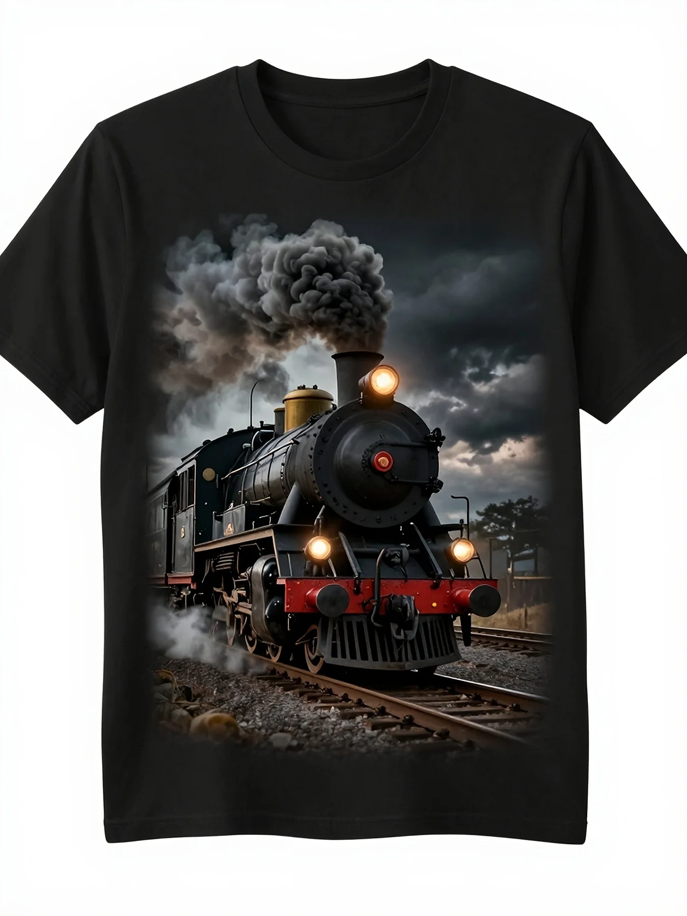 Shirt Classic Train Graphic Tee Featuring a Famous Locomotive Design Washable Casual Shirt for Train Lovers Comfortable Casual TShirt Suitable for All SeasonsRetro Casual Crew Neck Printed T-Shirt