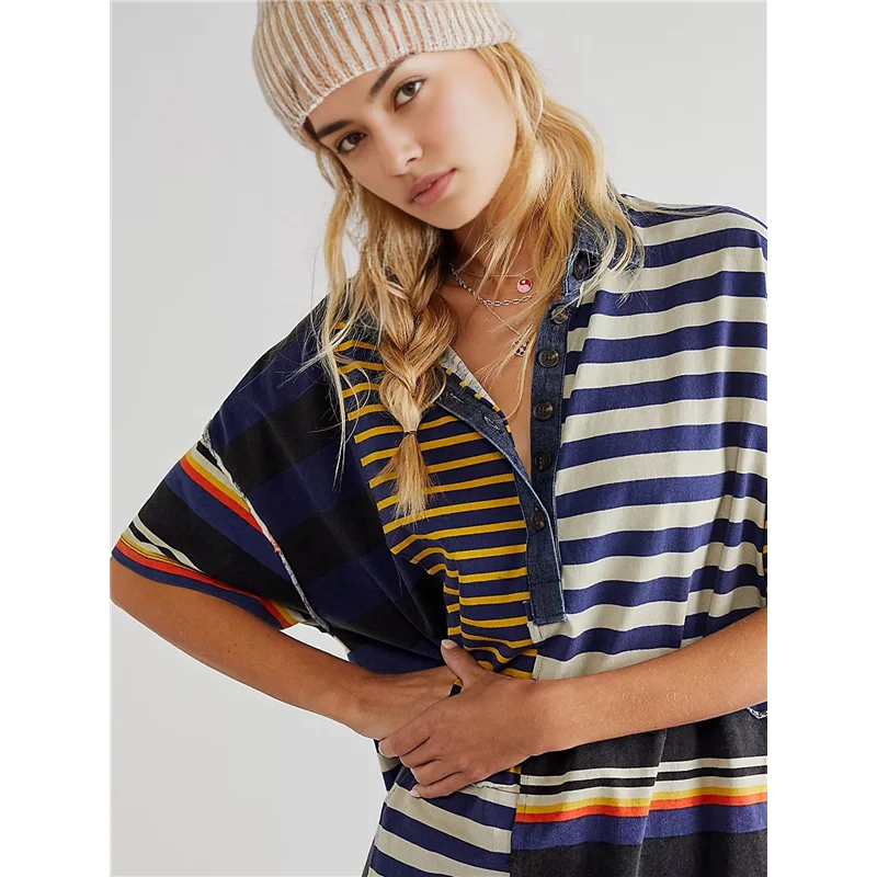 NEUE-Frauen Kontrast Gestreiften Babydoll Y2k Sommer Patchwork T-Shirt Kleid Vintage V-ausschnitt Kurzarm Kleid