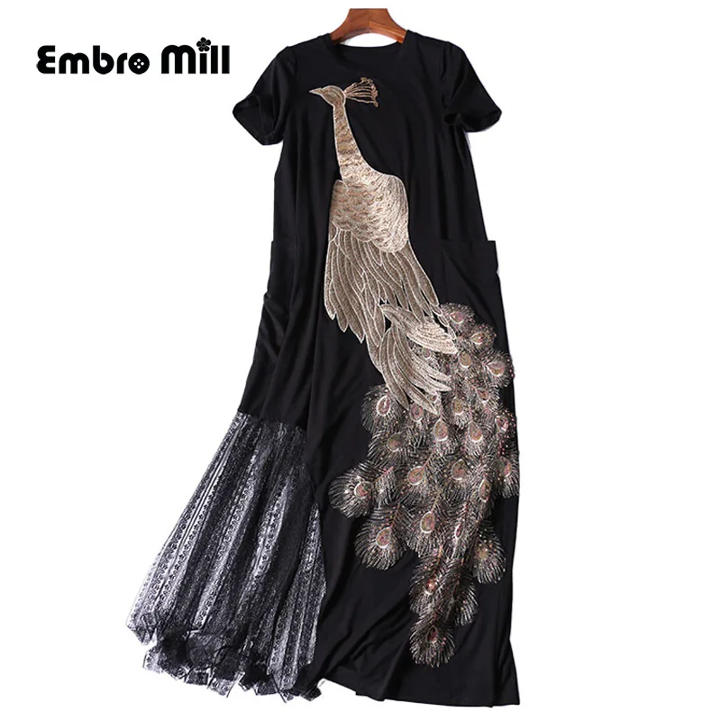 

Summer New Chinese Style Fashion Peacock Embroidery O-Neck Short Sleeve Asymmetrical Hemline Splice Lace Tassel Lady Dress L-3XL