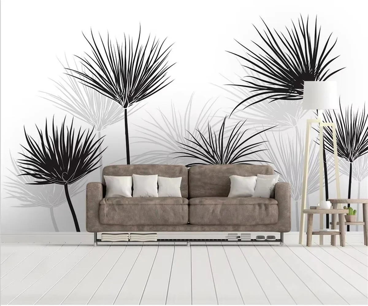 

Обои нестандартного размера, черно-белый эскиз, тропический тропический лес, кокосовая пальма, скандинавский ТВ, диван, фоновые стены, 3d обои