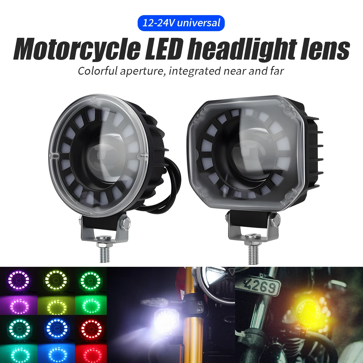 

1/2PCS Motorcycle RGB Angle Eye Spotlight Dual Color Hi/lo Beam LED Mini Lens Work Light Headlight RV SUV ATV Accessories 12V