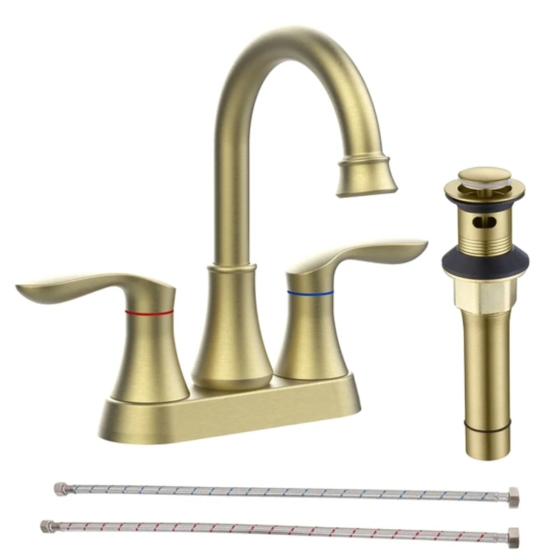 

Bathroom Faucet Brushed Gold with Pop-up Drain & Supply Hoses 2-Handle 360 Degree High Arc Swivel Spout Centerset 4 Inch Vani