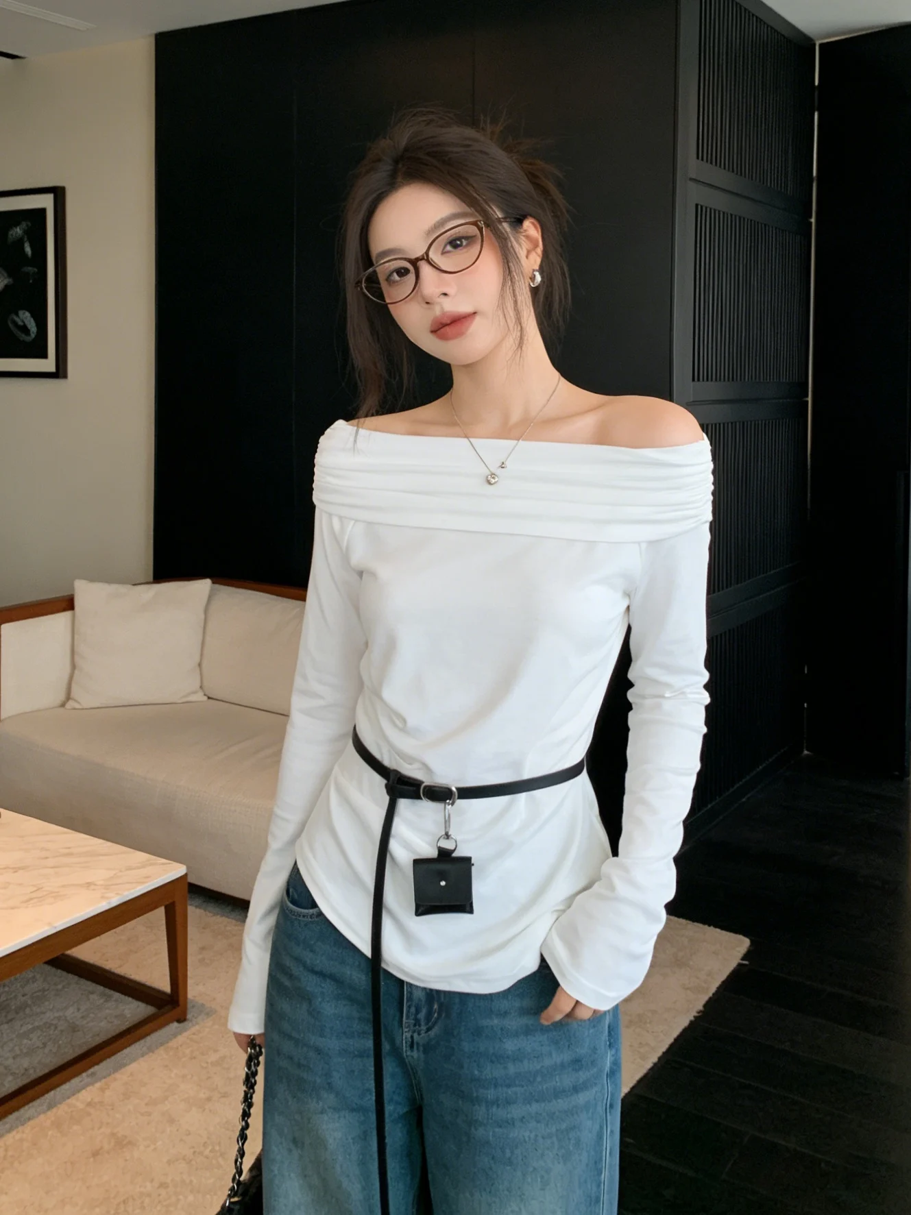 

Korean Sle Long Sve One oulder T-irt Women's Spring New Slimming Top with Belt Pure Color Base irt Breathable Skin...