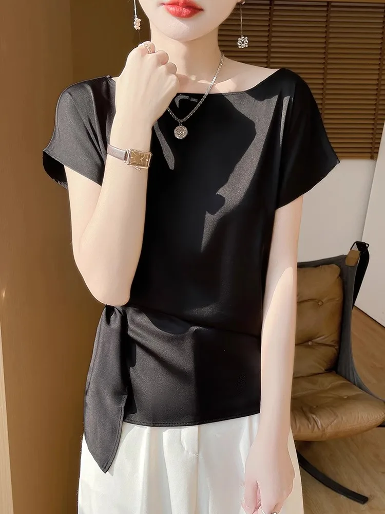 Faionable Acetato Raso di seta Allentato ort Sve Top monospalla per donna Ele Colore puro Estate Nuovo Sle Versatile Top