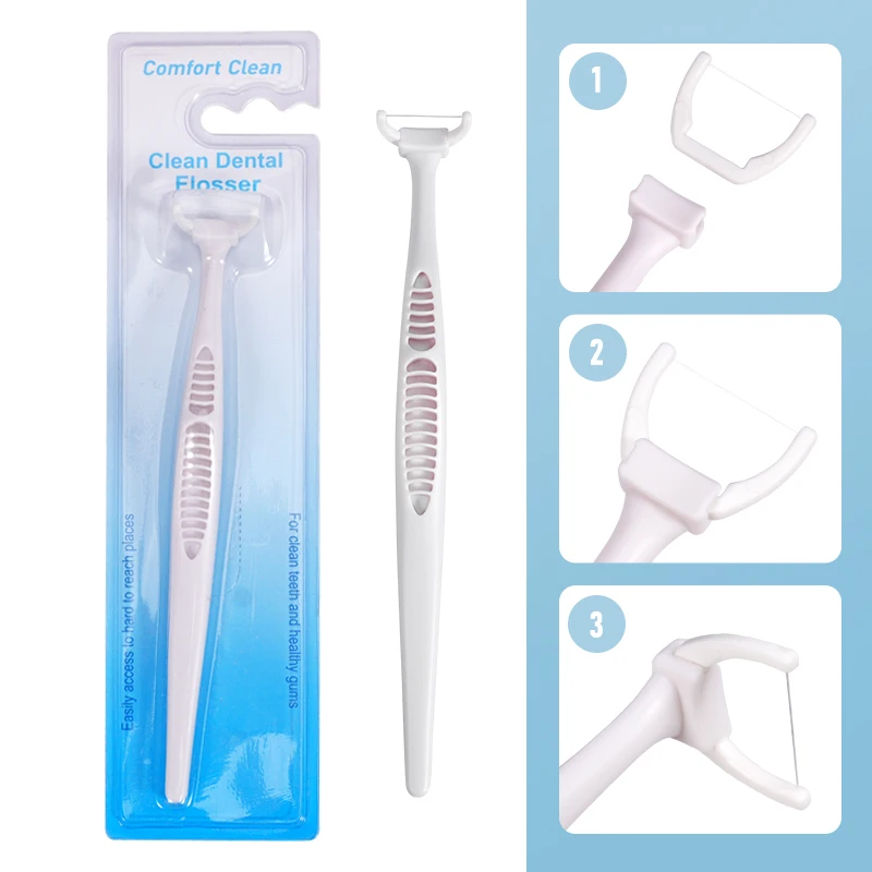 1+60 Replaceable Head Dental Floss Sticks Kit Long Handle Floss Holder Microfiber Flosser Flat Wire