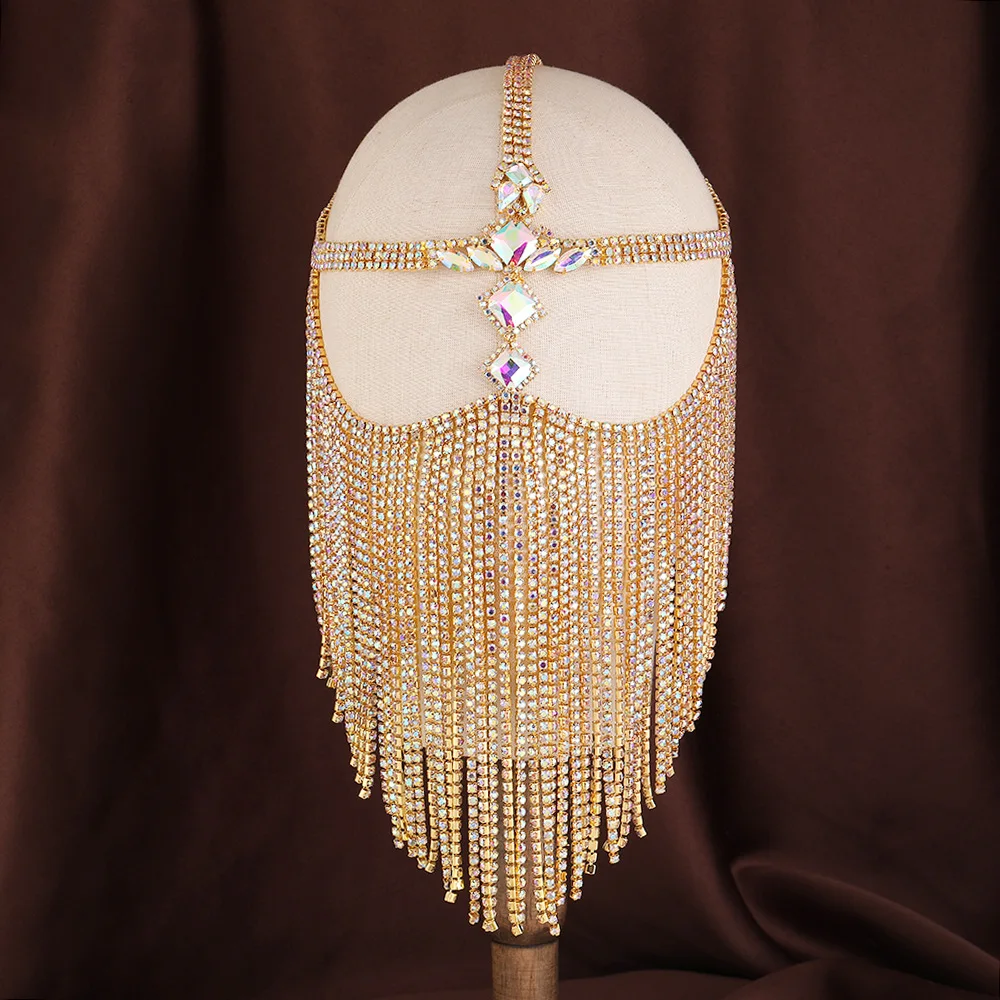 

Bohemia Full Drilling Tassel Face Curtain Cross Print Rhinestone Headwear Nightclubs Party Women's Head Jewelry