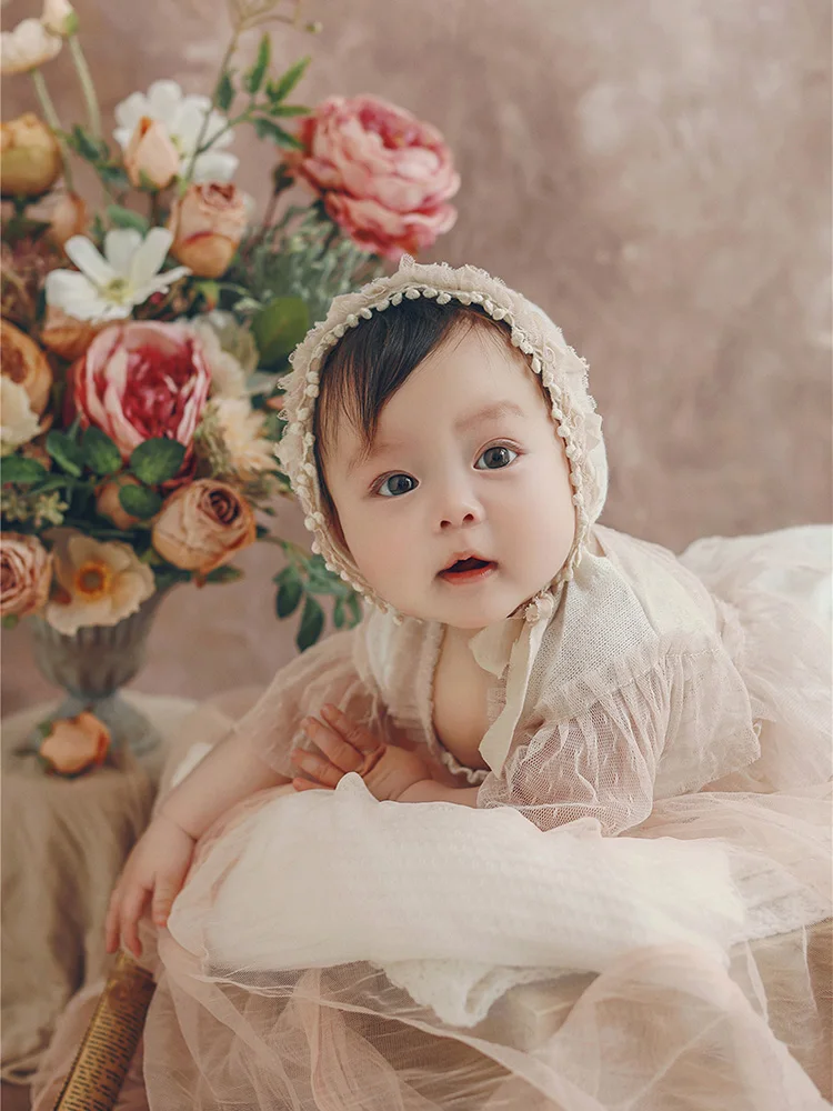 100 Days Newborn Baby Photo Lace Clothes Hat Set Retro Oil Painting Style Photography Theme Mesh Blanket Photo Props Accessories