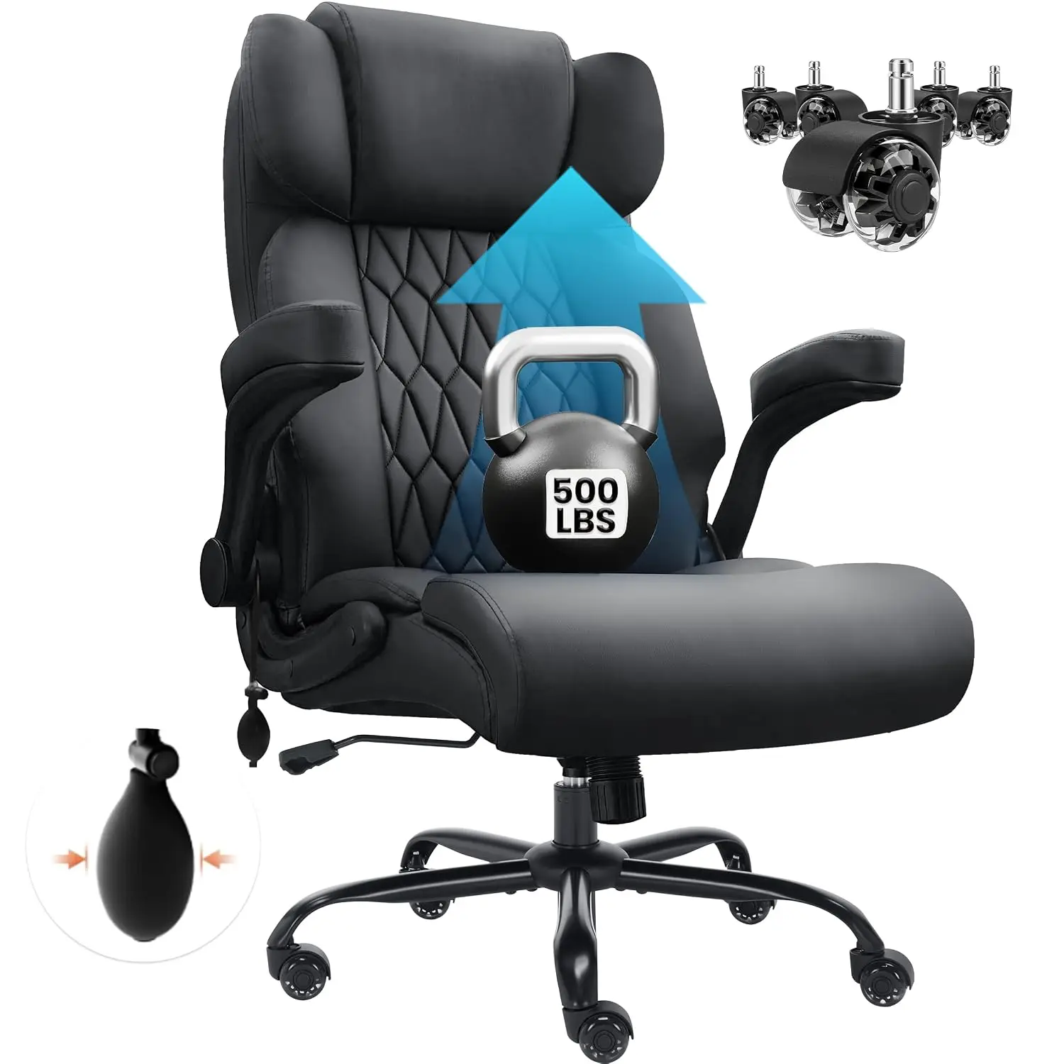500lbs Big & Tall Office Chair Lumbar Support Back Pain Extra Wide Seat Thick Armrest Heavy Duty Base Wheels Ergonomic Desk Chai