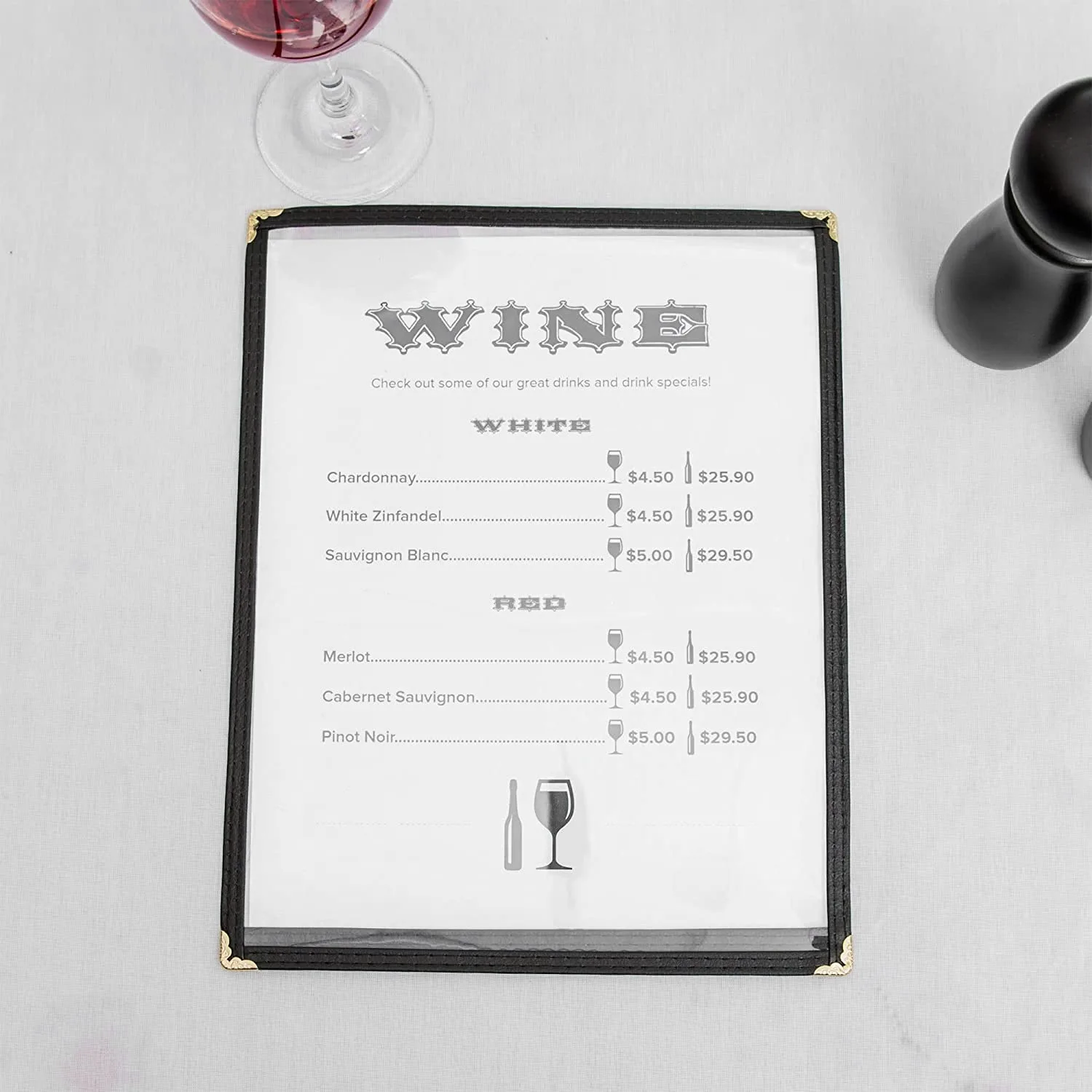 (Pack of 10) Single Page Menu Cover, Insert 8.5 x 11 Inches, with Faux Leather Trim and Decorative Corners