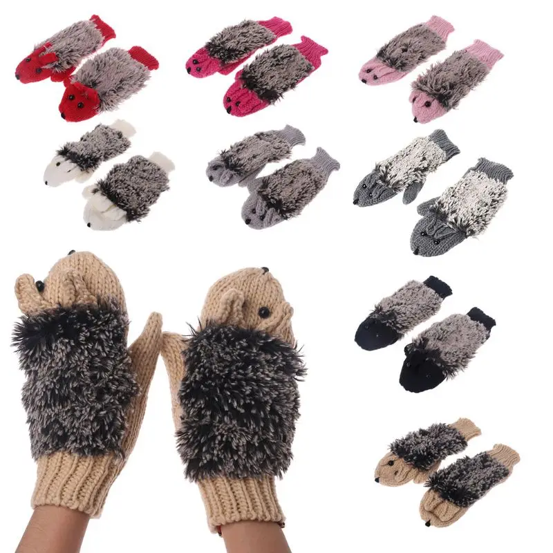 Women Hedgehog Gloves Cartoon Animal Cosplay Crochet Knitted Full Finger Mittens