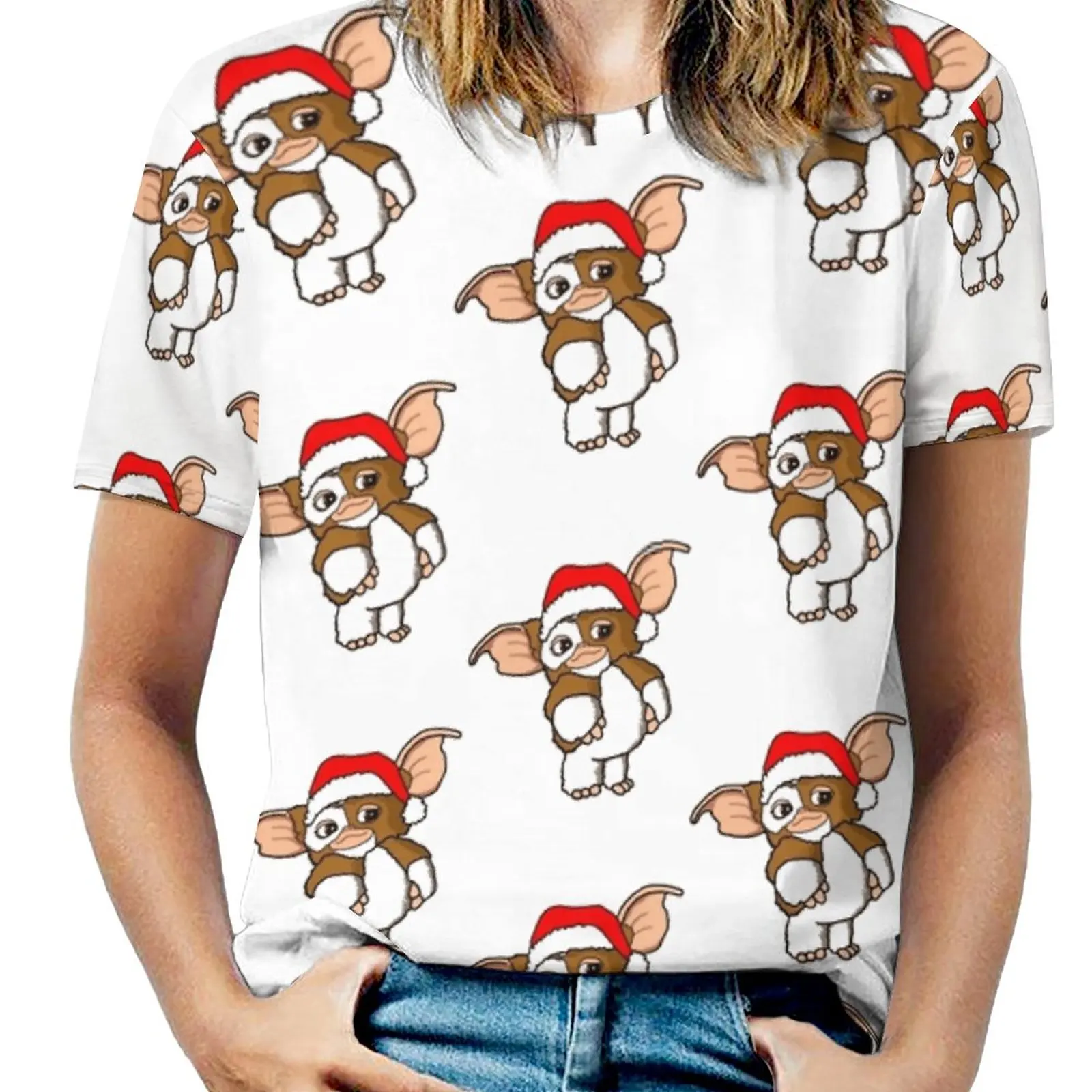 Gizmo Gremlins Christmas Women\'s T-Shirt New Fashion Printed Zipper V-Neck Short Sleeve T Shirts Casual Plus Size Christmas