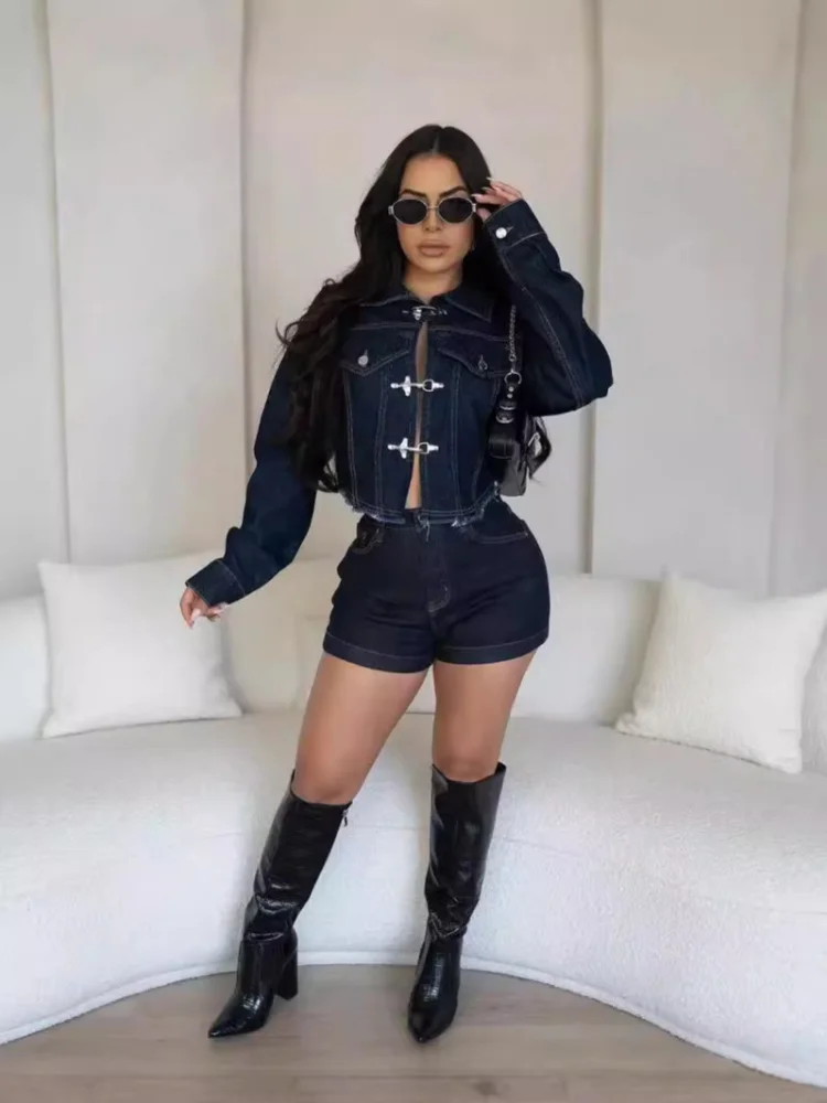 

Sister Star Women's Fashion Temperament Stretch Denim Long-sleeved Navel Blouse High Waist Shorts Thin Two-piece Set