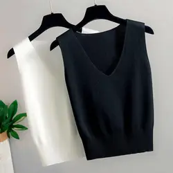 Tirantes con cuello en V de seda de hielo para mujer, ropa debajo, suéteres sin mangas, cintura ceñida, Tops cortos para niña caliente, Verano