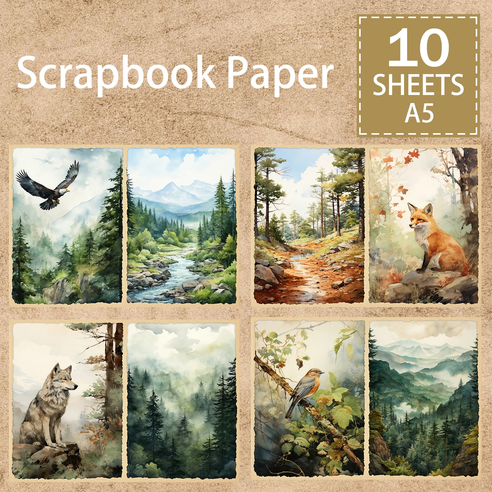 10 Sheets A5 Size Forest Animals Fox Eagle White Wolf Background Vintage Grunge Journal Planning Scrapbooking