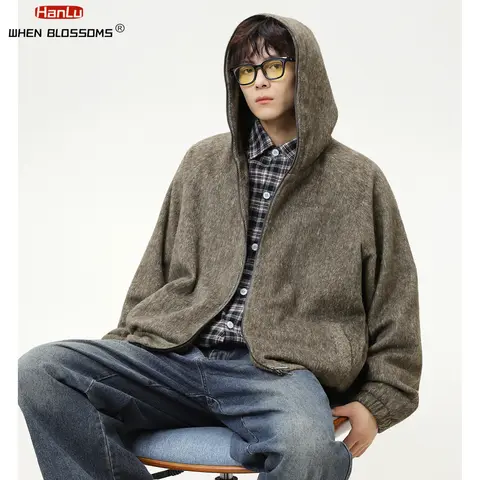 Abrigo con capucha de mezcla de Mohair Unisex, ropa de calle Vintage de gran tamaño, chaqueta similar de lana de estilo perezoso para parejas, jersey Retro americano
