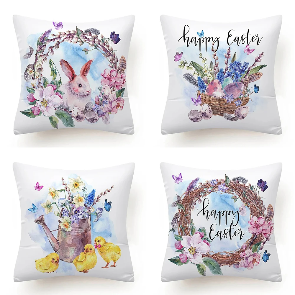 Coussin imprimé guirlande d'œufs de lapin coloré, taie d'oreiller de pâques, décoration de maison, salon, canapé, 45x45 cm