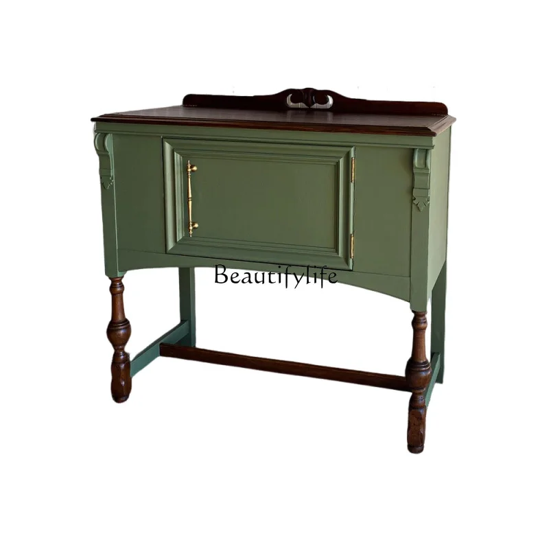 

05-French retro porch cabinet foyer wall decoration American country solid wood carving flower dining side storage cabinet