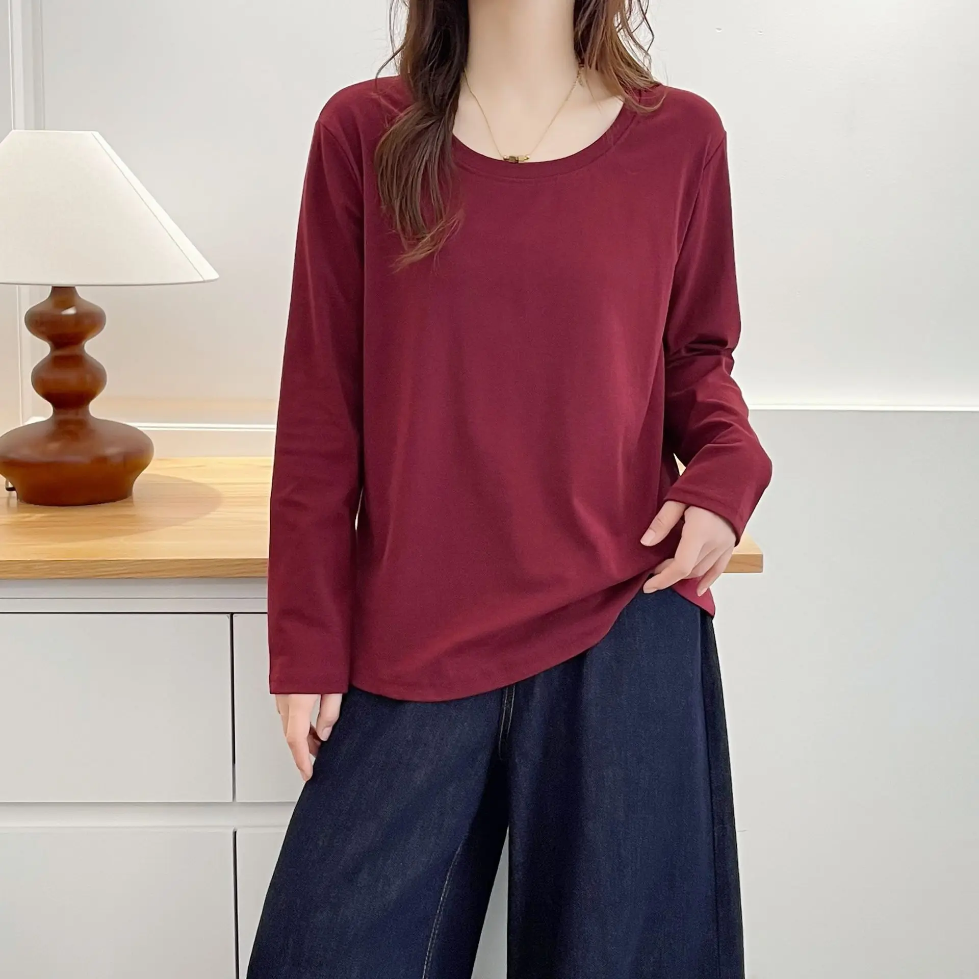 

Женская футболка больших размеров XXXXL, модные свободные топы с круглым вырезом и длинными рукавами, осенняя базовая однотонная внутренняя одежда 8222